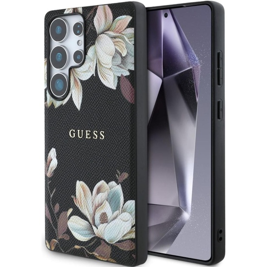 Guess Husa Grained Printed Flower Pattern MagSafe Samsung Galaxy S25 Ultra Negru