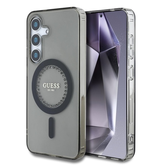 Guess Husa Rhinestones Ring MagSafe Samsung Galaxy S25 Negru