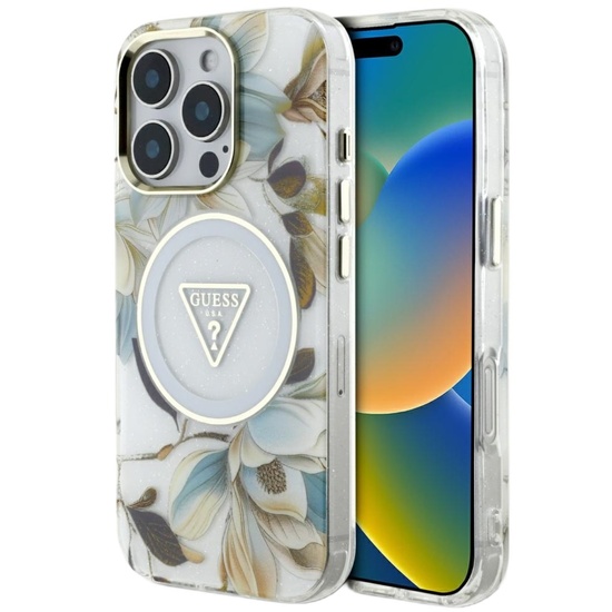 Guess Husa Glitter Flowers Triangle Buttons MagSafe iPhone 16 Pro Max Alb