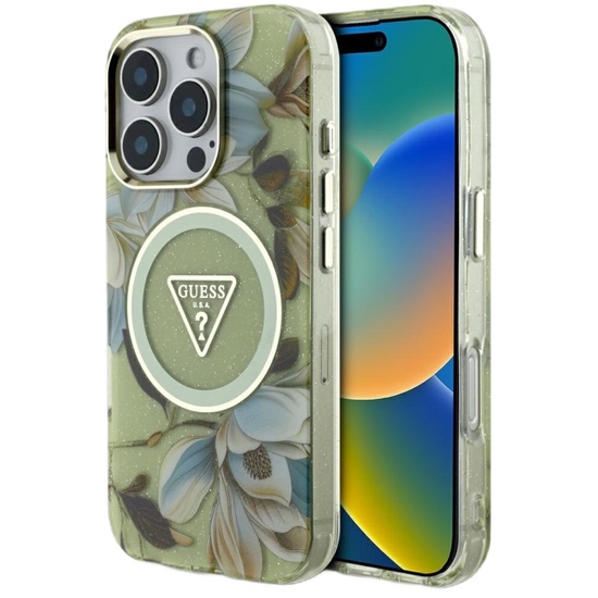 Guess Husa Glitter Flowers Triangle Buttons MagSafe iPhone 16 Pro Max Verde