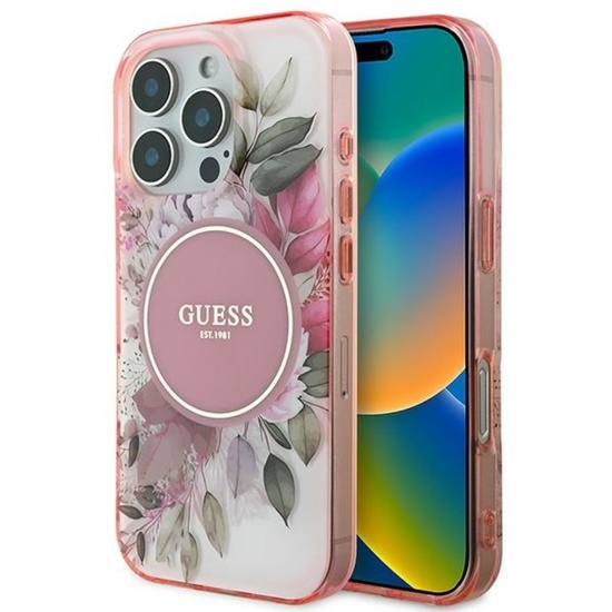 Guess Husa Flower & Tonal Circle MagSafe iPhone 16 Pro Roz