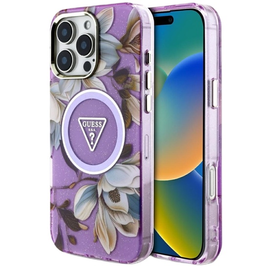 Guess Husa Glitter Flowers Triangle Buttons MagSafe iPhone 16 Pro Mov