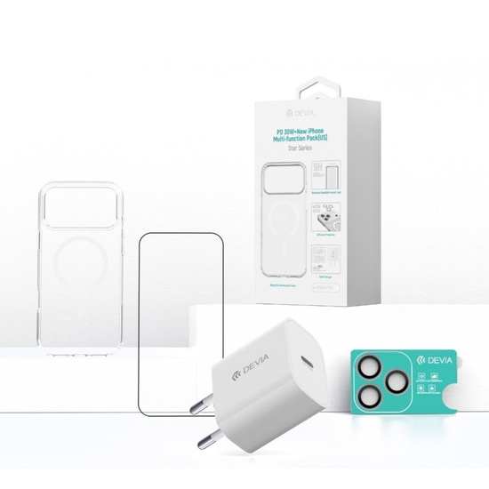 Devia Set 4 in 1 Incarcator retea PD 30W alb + husa magnetica + folie sticla Full Fit + folie sticla camera iPhone 17 Pro Max