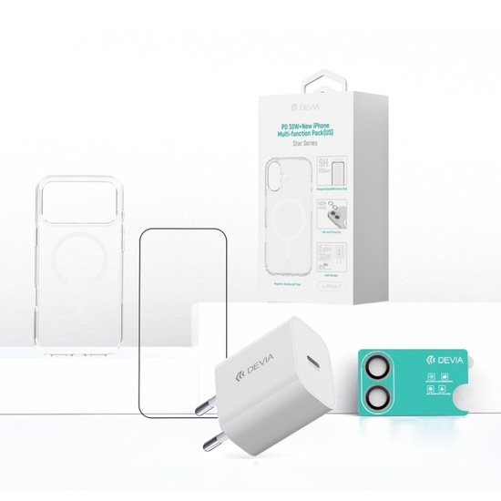 Devia Set 4 in 1 Incarcator retea PD 30W alb + husa magnetica + folie sticla Full Fit + folie sticla camera iPhone 17