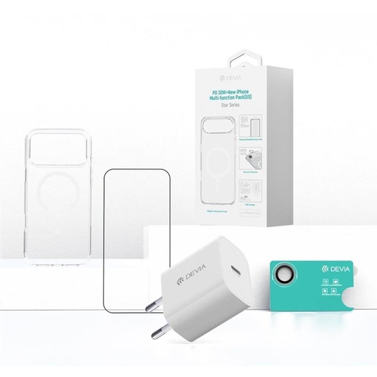 Devia Set 4 in 1 Incarcator retea PD 30W alb + husa magnetica + folie sticla Full Fit + folie sticla camera iPhone 17 Air