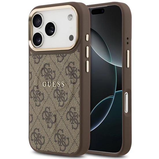 Guess Husa PU Leather 4G Gold Frame MagSafe iPhone 17 Pro Max Maro
