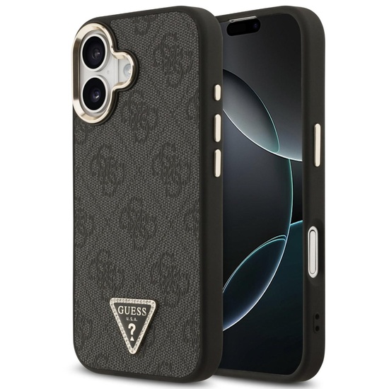 Guess Husa Leather 4G Triangle Logo Gold Frame MagSafe iPhone 17 Negru