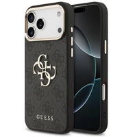 Guess Husa PU Leather 4G Metal Logo Gold Frame iPhone 17 Pro Max Negru