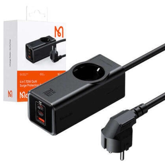 Mcdodo Incarcator de retea 4 in 1 cu prelungitor Super Cube Schuko, 2x Tip-C, USB-A, Fast Charge 70W, Tehnologie GaN, 1,5 m Negru