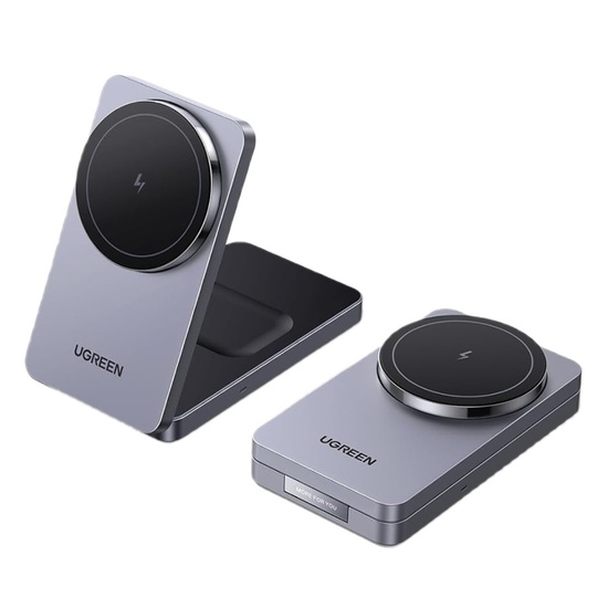 Ugreen Incarcator Wireless 2 in1 MagSafe, 15W, pentru iPhone, AirPods, design pliabil compact, Negru