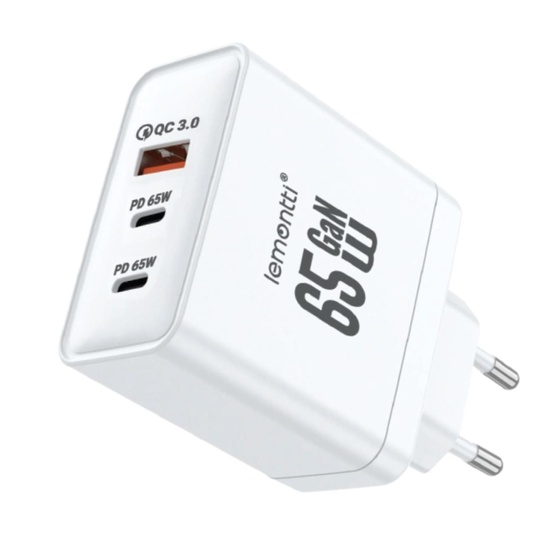 Lemontti Incarcator Retea GaN 2x Type-C si 1x USB-A, 65W, Fast Charge, EU Plug, Alb